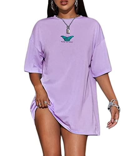 Tomwell Damen Langes T-Shirt mit Buchstaben Grafik Kurzarm Sport Sommer Rundhals Oversize Oberteile Sweatshirt Lose Bluse Tunika Lang für Teenager Mädchen Top C Violett XL von Tomwell