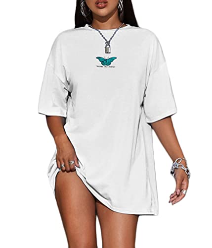 Tomwell Damen Langes T-Shirt mit Buchstaben Grafik Kurzarm Sport Sommer Rundhals Oversize Oberteile Sweatshirt Lose Bluse Tunika Lang für Teenager Mädchen Top C Weiß XS von Tomwell