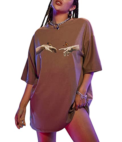 Tomwell Damen Langes T-Shirt mit Buchstaben Grafik Kurzarm Sport Sommer Rundhals Oversize Oberteile Sweatshirt Lose Bluse Tunika Lang für Teenager Mädchen Top D Braun L von Tomwell