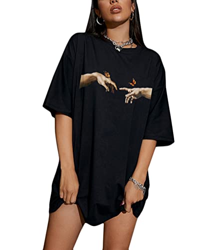 Tomwell Damen Langes T-Shirt mit Buchstaben Grafik Kurzarm Sport Oberteile Sommer Oversize Tshirt Rundhals Casual Longshirt D Schwarz XXL von Tomwell