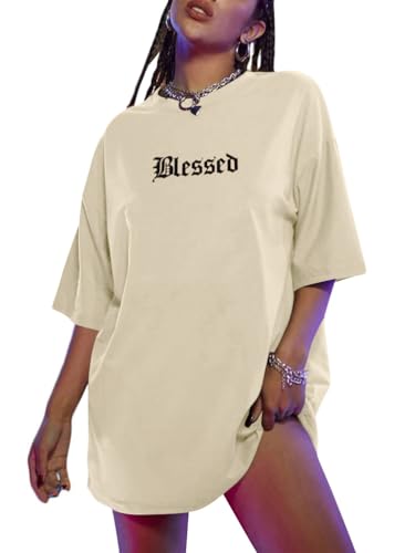 Tomwell Damen Langes T-Shirt mit Buchstaben Grafik Kurzarm Sport Sommer Rundhals Oversize Oberteile Sweatshirt Lose Bluse Tunika Lang für Teenager Mädchen Top E Aprikose XXL von Tomwell