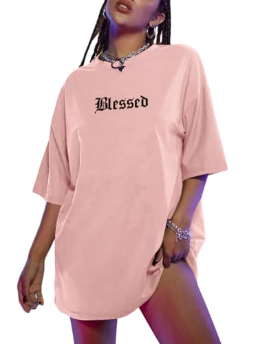 Tomwell Damen Langes T-Shirt mit Buchstaben Grafik Kurzarm Sport Sommer Rundhals Oversize Oberteile Sweatshirt Lose Bluse Tunika Lang für Teenager Mädchen Top E Rosa L von Tomwell