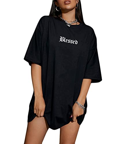 Tomwell Damen Langes T-Shirt mit Buchstaben Grafik Kurzarm Sport Sommer Rundhals Oversize Oberteile Sweatshirt Lose Bluse Tunika Lang für Teenager Mädchen Top E Schwarz XXL von Tomwell