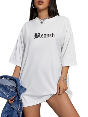 Tomwell Damen Langes T-Shirt mit Buchstaben Grafik Kurzarm Sport Oberteile Sommer Oversize Tshirt Rundhals Casual Longshirt E Weiß XL von Tomwell