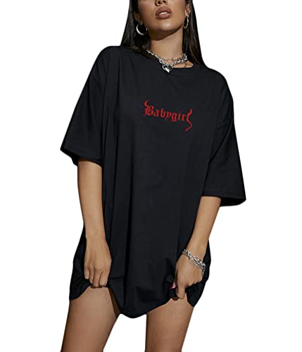 Tomwell Damen Langes T-Shirt mit Buchstaben Grafik Kurzarm Sport Oberteile Sommer Oversize Tshirt Rundhals Casual Longshirt F Schwarz M von Tomwell