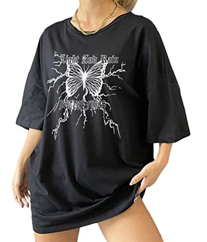 Tomwell Damen Langes T-Shirt mit Buchstaben Grafik Kurzarm Sport Sommer Rundhals Oversize Oberteile Sweatshirt Lose Bluse Tunika Lang für Teenager Mädchen Top I Schwarz XS von Tomwell