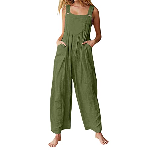 Tomwell Damen Latzhose Beiläufige Lose Lange Jumpsuit Mit Tasche Retro Leinen Strampler Overall Frauen Sommer Boho Blumendruck Hosen Rompers Wide Leg Playsuit Z Armeegrün M von Tomwell