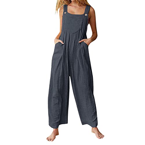 Tomwell Damen Latzhose Beiläufige Lose Lange Jumpsuit Mit Tasche Retro Leinen Strampler Overall Frauen Sommer Boho Blumendruck Hosen Rompers Wide Leg Playsuit Z Grau XS von Tomwell