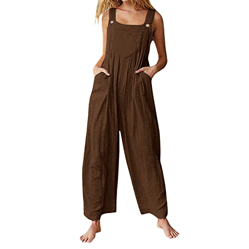 Tomwell Damen Latzhose Beiläufige Lose Lange Jumpsuit Mit Tasche Retro Leinen Strampler Overall Frauen Sommer Boho Blumendruck Hosen Rompers Wide Leg Playsuit Z Kaffee L von Tomwell