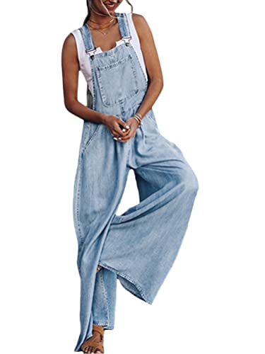 Tomwell Damen Latzhose Jeans Hosen Lang Denim Overall Zerrissen Jumpsuit Gerades Bein und Taschen Mädchen Casual Fraizeithose für Sommer Frühling Herbst C Hellblau S von Tomwell