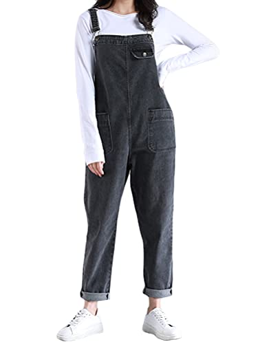 Tomwell Damen Latzhose Retro Jeanshose Trägerhose Hoseanzug Denim Overall Jumpsuit Gerades Bein Lang Lässig Baggy Boyfriend Stylisch Ärmellos Playsuit Romper mit Taschen Grau L von Tomwell