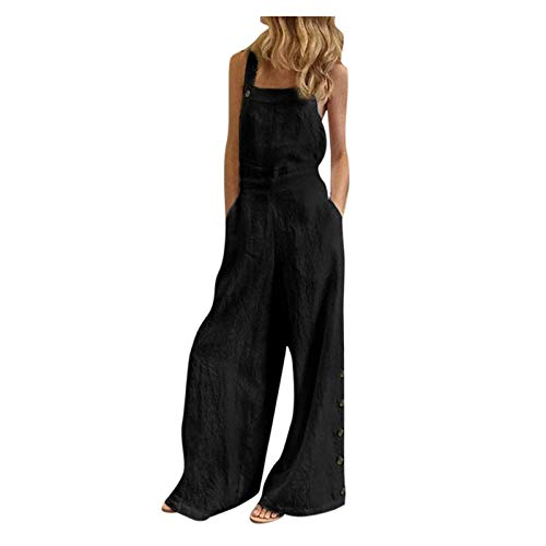 Tomwell Damen Latzhosen Jumpsuit, Retro Baumwolle Leinen Cord Overall Frauen Ärmellos Playsuits mit Taschen und Knopf Elegant Breites Bein Hosen, Lässig Gemütlich Lose Hose C Schwarz S von Tomwell