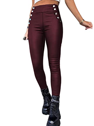 Tomwell Damen Lederhose Stretch Skinny Leggings High Waist Hose Smooth Strumpfhose Kunstleder Hose A Weinrot XL von Tomwell