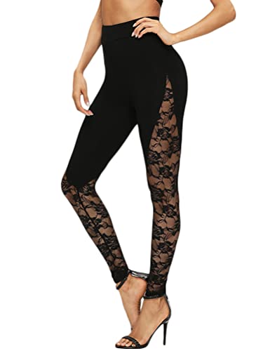 Tomwell Damen Legging Sexy mit Spitzen High Waist Yoga Hose Sweathose Push Up Jogginghose Elastisch Bequem Fitnesshose Gym Workout D Schwarz S von Tomwell