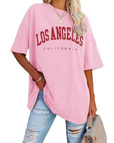 Tomwell Damen Los Angeles Brief T-Shirt Kurzarm Sport Sommer Rundhals Oversize Oberteile mit Buchstaben Druck Lose Bluse Vintage Tunika Lang für Teen Girls Top A Rosa XS von Tomwell