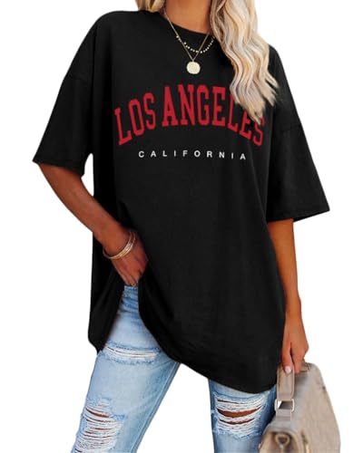 Tomwell Damen Los Angeles Brief T-Shirt Kurzarm Sport Sommer Rundhals Oversize Oberteile mit Buchstaben Druck Lose Bluse Vintage Tunika Lang für Teen Girls Top A Schwarz M von Tomwell