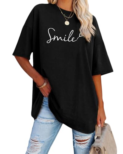 Tomwell Damen Los Angeles Brief T-Shirt Kurzarm Sport Sommer Rundhals Oversize Oberteile mit Buchstaben Druck Lose Bluse Vintage Tunika Lang für Teen Girls Top E Schwarz L von Tomwell