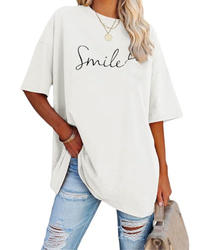 Tomwell Damen Los Angeles Brief T-Shirt Kurzarm Sport Sommer Rundhals Oversize Oberteile mit Buchstaben Druck Lose Bluse Vintage Tunika Lang für Teen Girls Top E Weiß M von Tomwell