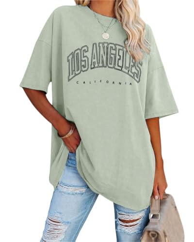 Tomwell Damen Los Angeles Brief T-Shirt Kurzarm Sport Sommer Rundhals Oversize Oberteile mit Buchstaben Druck Lose Bluse Vintage Tunika Lang für Teen Girls Top C Hellgrün L von Tomwell