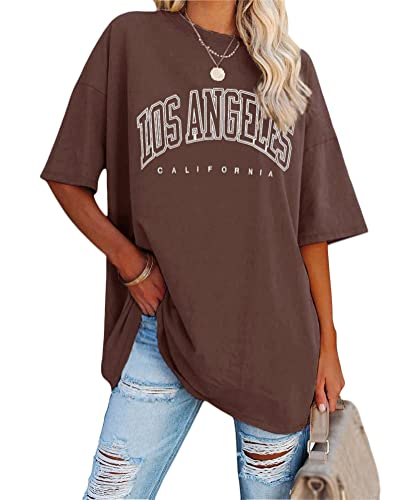 Tomwell Damen Los Angeles Brief T-Shirt Kurzarm Sport Sommer Rundhals Oversize Oberteile mit Buchstaben Druck Lose Bluse Vintage Tunika Lang für Teen Girls Top C Kaffee XL von Tomwell