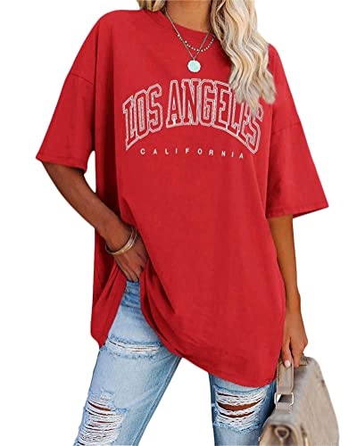 Tomwell Damen Los Angeles Brief T-Shirt Kurzarm Sport Sommer Rundhals Oversize Oberteile mit Buchstaben Druck Lose Bluse Vintage Tunika Lang für Teen Girls Top C Rot XXL von Tomwell