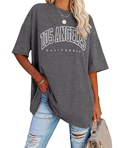 Tomwell Damen Los Angeles Brief T-Shirt Kurzarm Sport Sommer Rundhals Oversize Oberteile mit Buchstaben Druck Lose Bluse Vintage Tunika Lang für Teen Girls Top C Dunkelgrau L von Tomwell