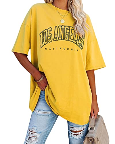 Tomwell Damen Los Angeles Brief T-Shirt Kurzarm Sport Sommer Rundhals Oversize Oberteile mit Buchstaben Druck Lose Bluse Vintage Tunika Lang für Teen Girls Top C Gelb M von Tomwell