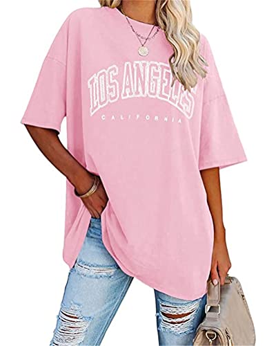 Tomwell Damen Los Angeles Brief T-Shirt Kurzarm Sport Sommer Rundhals Oversize Oberteile mit Buchstaben Druck Lose Bluse Vintage Tunika Lang für Teen Girls Top C Rosa M von Tomwell