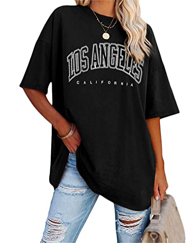 Tomwell Damen Los Angeles Brief T-Shirt Kurzarm Sport Sommer Rundhals Oversize Oberteile mit Buchstaben Druck Lose Bluse Vintage Tunika Lang für Teen Girls Top C Schwarz L von Tomwell