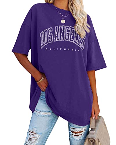 Tomwell Damen Los Angeles Brief T-Shirt Kurzarm Sport Sommer Rundhals Oversize Oberteile mit Buchstaben Druck Lose Bluse Vintage Tunika Lang für Teen Girls Top C Violett L von Tomwell