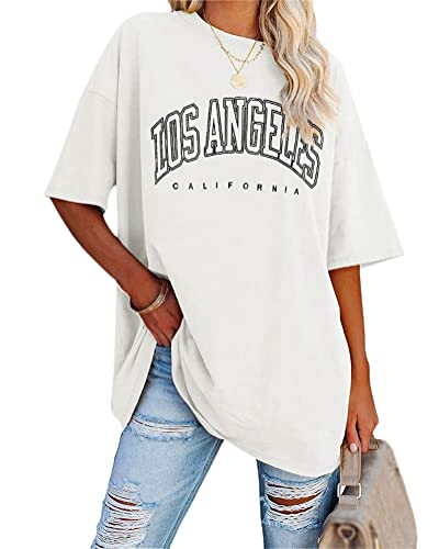 Tomwell Damen Los Angeles Brief T-Shirt Kurzarm Sport Sommer Rundhals Oversize Oberteile mit Buchstaben Druck Lose Bluse Vintage Tunika Lang für Teen Girls Top C Weiß L von Tomwell