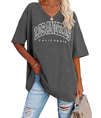 Tomwell Damen Los Angeles Tshirt mit V-Ausschnitt Kurzarm Sport T-Shirt Sommer Rundhals Oversized Oberteile Lose Tunika Lang für Teen Girls A Dunkelgrau M von Tomwell