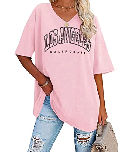 Tomwell Damen Los Angeles Brief T-Shirt mit V-Ausschnitt Kurzarm Sport Sommer Rundhals Oversized Oberteile Drucken Sweatshirt Lose Bluse Tunika Lang für Teen Girls Top A Rosa L von Tomwell