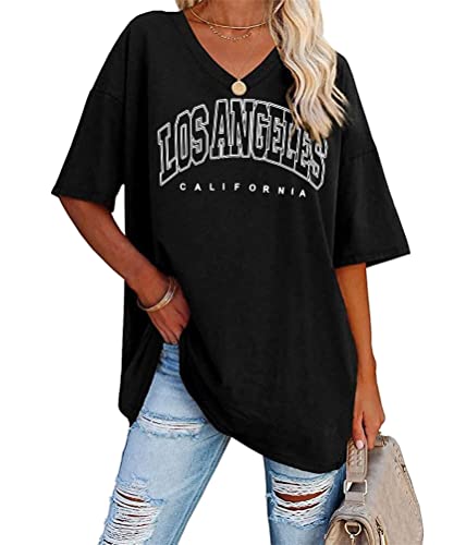 Tomwell Damen Los Angeles Tshirt mit V-Ausschnitt Kurzarm Sport T-Shirt Sommer Rundhals Oversized Oberteile Lose Tunika Lang für Teen Girls A Schwarz S von Tomwell