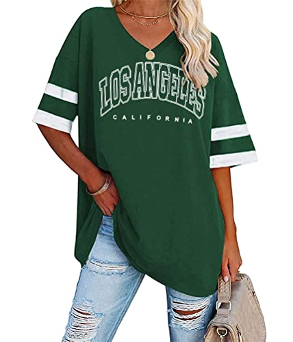 Tomwell Damen Los Angeles Brief T-Shirt mit V-Ausschnitt Kurzarm Sport Sommer Rundhals Oversized Oberteile Drucken Sweatshirt Lose Bluse Tunika Lang für Teen Girls Top B Grün L von Tomwell