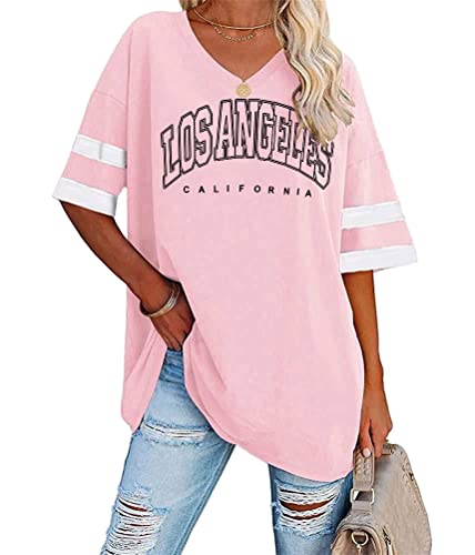 Tomwell Damen Los Angeles Brief T-Shirt mit V-Ausschnitt Kurzarm Sport Sommer Rundhals Oversized Oberteile Drucken Sweatshirt Lose Bluse Tunika Lang für Teen Girls Top B Rosa L von Tomwell