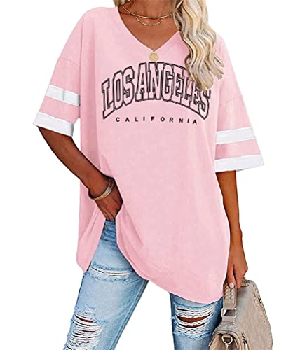 Tomwell Damen Los Angeles Tshirt mit V-Ausschnitt Kurzarm Sport T-Shirt Sommer Rundhals Oversized Oberteile Lose Tunika Lang für Teen Girls B Rosa XXL von Tomwell