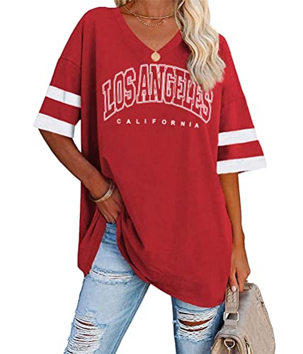 Tomwell Damen Los Angeles Brief T-Shirt mit V-Ausschnitt Kurzarm Sport Sommer Rundhals Oversized Oberteile Drucken Sweatshirt Lose Bluse Tunika Lang für Teen Girls Top B Rot L von Tomwell