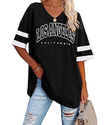 Tomwell Damen Los Angeles Brief T-Shirt mit V-Ausschnitt Kurzarm Sport Sommer Rundhals Oversized Oberteile Drucken Sweatshirt Lose Bluse Tunika Lang für Teen Girls Top B Schwarz M von Tomwell