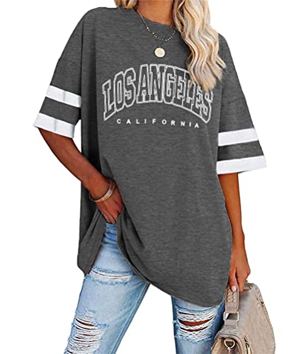 Tomwell Damen Los Angeles Brief T-Shirt mit V-Ausschnitt Kurzarm Sport Sommer Rundhals Oversized Oberteile Drucken Sweatshirt Lose Bluse Tunika Lang für Teen Girls Top C Dunkelgrau S von Tomwell