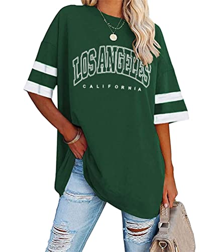 Tomwell Damen Los Angeles Brief T-Shirt mit V-Ausschnitt Kurzarm Sport Sommer Rundhals Oversized Oberteile Drucken Sweatshirt Lose Bluse Tunika Lang für Teen Girls Top C Grün S von Tomwell