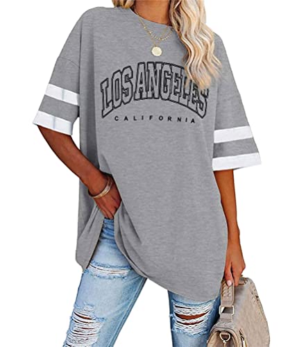 Tomwell Damen Los Angeles Brief T-Shirt mit V-Ausschnitt Kurzarm Sport Sommer Rundhals Oversized Oberteile Drucken Sweatshirt Lose Bluse Tunika Lang für Teen Girls Top C Hellgrau S von Tomwell