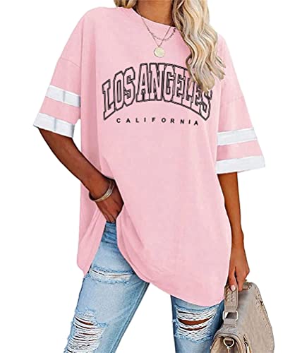 Tomwell Damen Los Angeles Tshirt mit V-Ausschnitt Kurzarm Sport T-Shirt Sommer Rundhals Oversized Oberteile Lose Tunika Lang für Teen Girls C Rosa XL von Tomwell