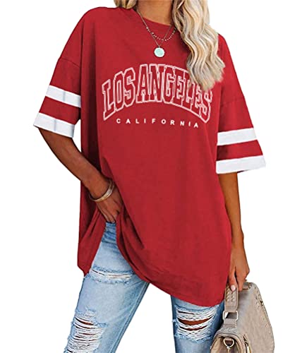 Tomwell Damen Los Angeles Brief T-Shirt mit V-Ausschnitt Kurzarm Sport Sommer Rundhals Oversized Oberteile Drucken Sweatshirt Lose Bluse Tunika Lang für Teen Girls Top C Rot S von Tomwell