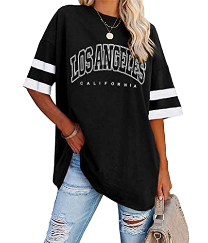 Tomwell Damen Los Angeles Brief T-Shirt mit V-Ausschnitt Kurzarm Sport Sommer Rundhals Oversized Oberteile Drucken Sweatshirt Lose Bluse Tunika Lang für Teen Girls Top C Schwarz XL von Tomwell