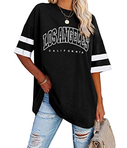Tomwell Damen Los Angeles Tshirt mit V-Ausschnitt Kurzarm Sport T-Shirt Sommer Rundhals Oversized Oberteile Lose Tunika Lang für Teen Girls C Schwarz XXL von Tomwell