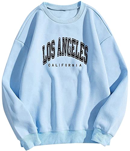 Tomwell Damen Los Angeles Sweatshirt Langarm Rundhals Pullover Warm Pulli Oversized Damen Ohne Kapuze Teenager Mädchen Vintage Pullover Oberteile Y2k Top A Blau S von Tomwell