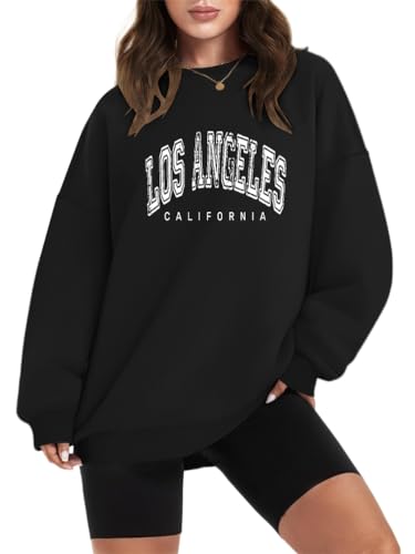 Tomwell Damen Los Angeles Sweatshirt Oversized Pullover Teenager Mädchen Langarm Rundhals Pulli Herbst Winter Frauen Casual Oberteil Sport Streetwear Sweatshirts ohne Kapuze A Schwarz M von Tomwell