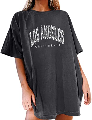 Tomwell Damen Los Angeles T-Shirt Kurzarm Sport Sommer Rundhals Oversize Oberteile mit Buchstaben Druck Sweatshirt Lose Bluse Sportshirt Tunika Lang für Teen Girls Tops A Dunkelgrau XL von Tomwell