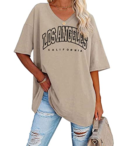 Tomwell Damen Los Angeles Tshirt mit V-Ausschnitt Kurzarm Sport T-Shirt Sommer Rundhals Oversized Oberteile Lose Tunika Lang für Teen Girls A Khaki XS Tomwell Damen Los Angeles Tshirt mit V-Ausschnitt Kurzarm Sport T-Shirt Sommer Rundhals Oversized Oberteile Lose Tunika Lang für Teen Girls A Khaki XS von Tomwell
